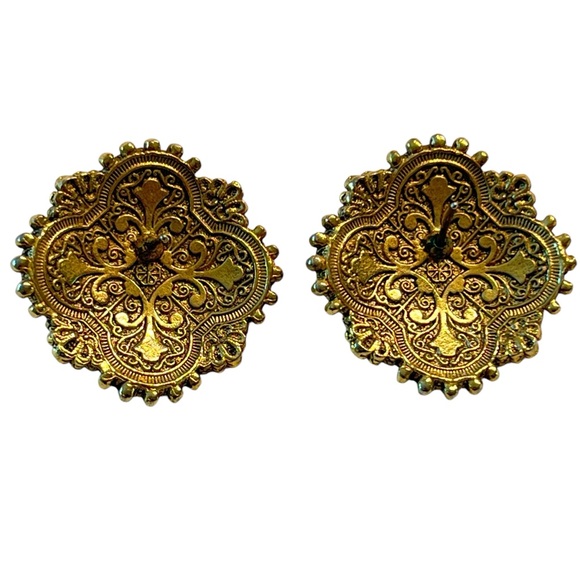 VINTAGE FILIGREE SEED PEARL ONYX BLACK ENAMELED EARRINGS INTRICATE BACK … - Picture 2 of 4